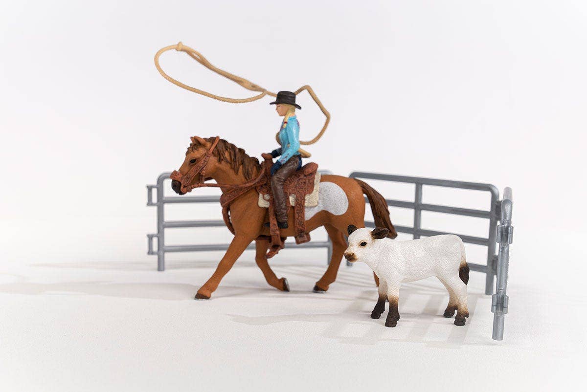 Team Roping With Cowgirl Farm Figurine Toys Play Set